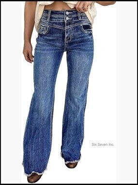 High Rise Vintage Straight-Seam Flare Raw Hem Button Jeans for Women